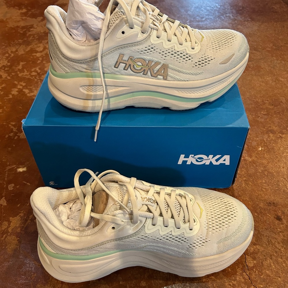 Hoka Bondi Cream and Mint Athletic Sneakers